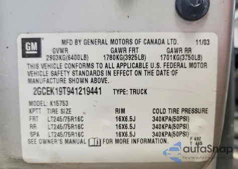 2004 Chevrolet Silverado K1500 z USA, uszkodzony, nr VIN 2GCEK19T941219441